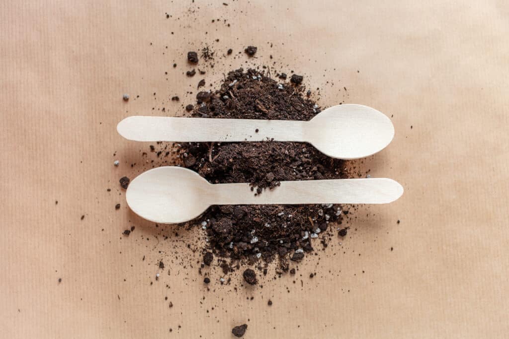 Wooden spoons decompose in the earth, ecology versus plastic. Eco-friendly items in the earth. Save the planet from plastic trash. Caring for the ecology of the Earth.